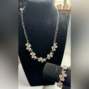 Silver Tone Rhinestone Necklace and Bracelet & Earrings